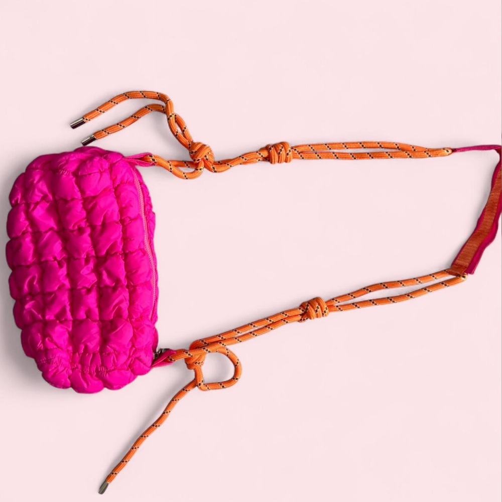 Pink Puffer Crossbody Bag with Orange Straps